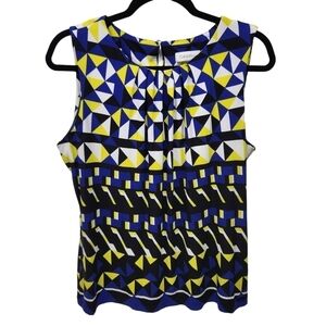 Calvin Klein Sleeveless Blouse / Top Geometric Neon Yellow Blue White, Size XLP